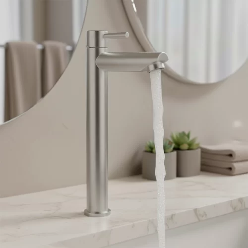 Torneira de Mesa Bica Alta Elegance Aço Escovado