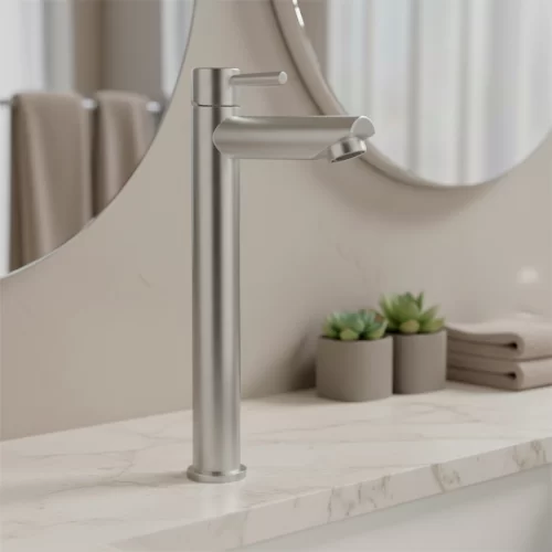 Torneira de Mesa Bica Alta Elegance Aço Escovado