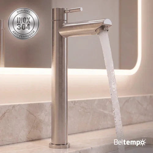 Torneira de Mesa Bica Alta Elegance Aço Escovado
