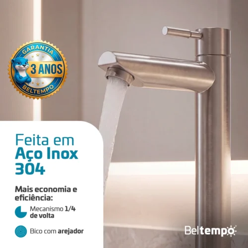 Torneira de Mesa Bica Alta Elegance Aço Escovado