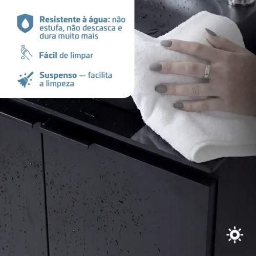 Kit Hera Preto Gabinete Aço Tampo Vidro 2 Portas 62 cm com Cuba