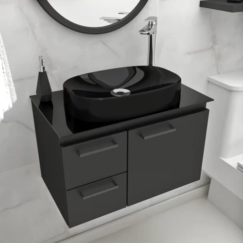 Gabinete Armário de Aço 62 x 36 Ares Preto Com Cuba De Apoio