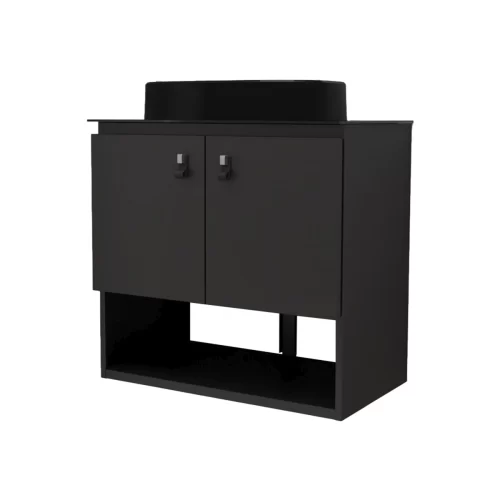 Kit Gabinete Armário de Aço 62 x 36 Zeus Preto Com Cuba De Apoio