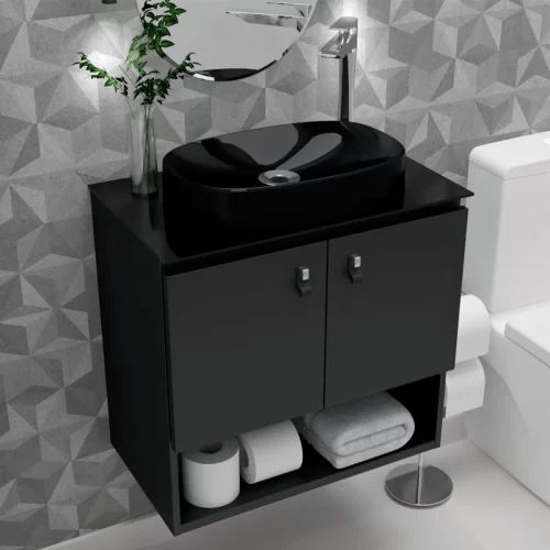 Kit Gabinete Armário de Aço 62 x 36 Zeus Preto Com Cuba De Apoio