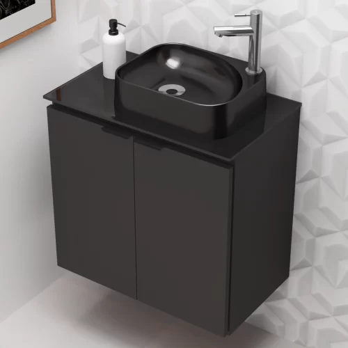 Kit Hera Preto Gabinete Aço Tampo Vidro 2 Portas 62 cm com Cuba