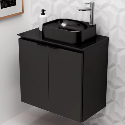 Kit Hera Preto Gabinete Aço Tampo Vidro 2 Portas 62 cm com Cuba