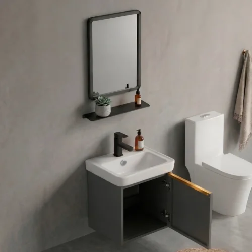 Gabinete Armário Banheiro Completo Impermeável 43 x 46 Cuba Espelho Prateleira Cor Cinza BT-5050