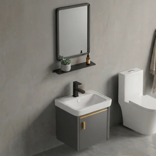 Gabinete Armário Banheiro Completo Impermeável 43 x 46 Cuba Espelho Prateleira Cor Cinza BT-5050