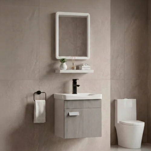 Gabinete Armário Banheiro Completo Impermeável 43x40cm Cuba Espelho Prateleira Cor Carvalho Cinza Bt-5030