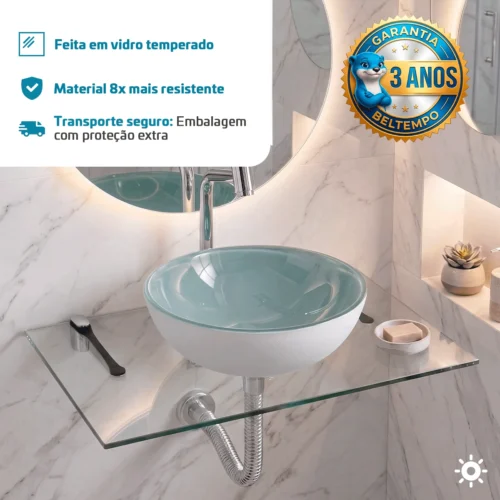 Kit Lavatório de Vidro 50 x 35 Cuba de Apoio 29 cm Branca
