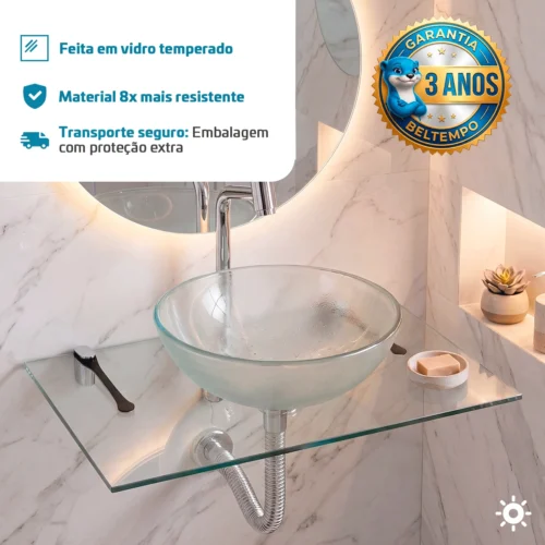 Kit Lavatório de Vidro 50 x 35 Cuba de Apoio 29 cm Transparente