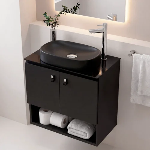 Kit Gabinete Armário de Aço 62 x 36 Zeus Preto Com Cuba De Apoio